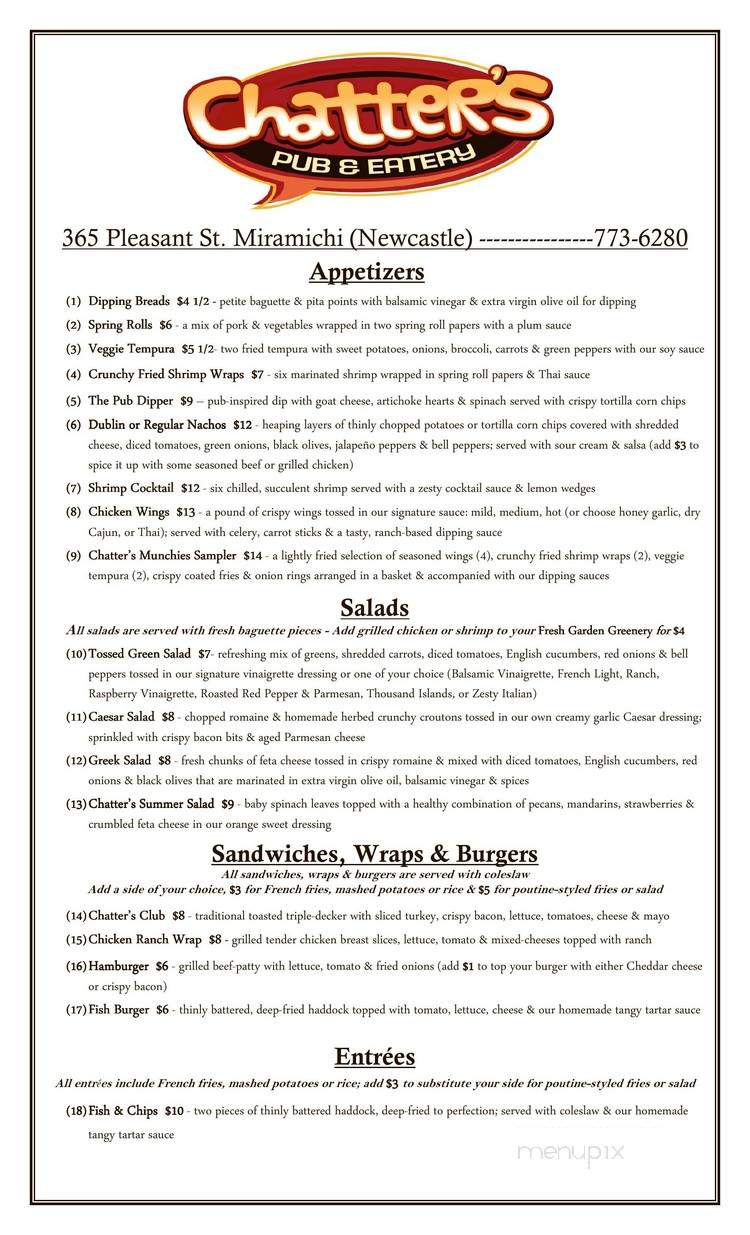 Chatter's Pub & Eatery - Miramichi, NB menu_pic