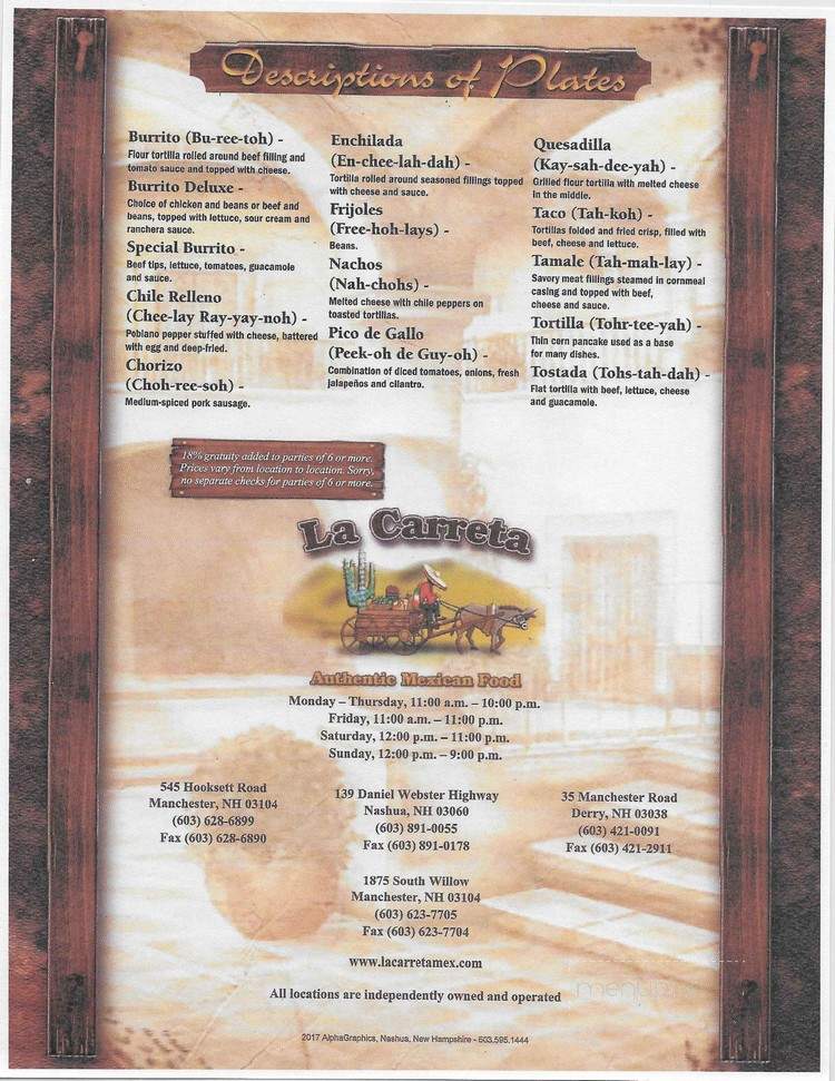 La Carreta - Nashua, NH menu_pic