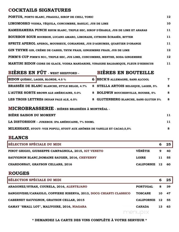 Bidon Taverne Culinaire - Saint-Lambert, QC menu_pic