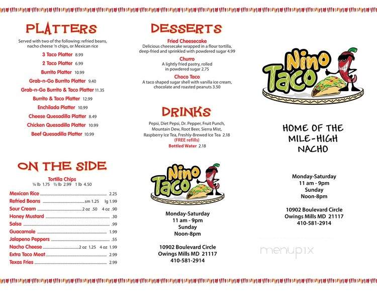 Nino Taco - Owings Mills, MD menu_pic