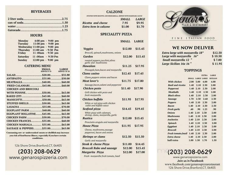 Genaro's Pizza Restaurant - Branford, CT menu_pic