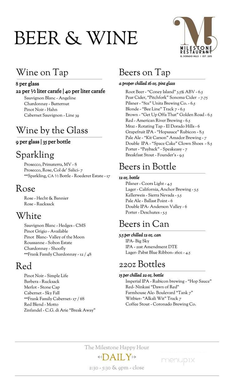 Milestone - El Dorado Hills, CA menu_pic