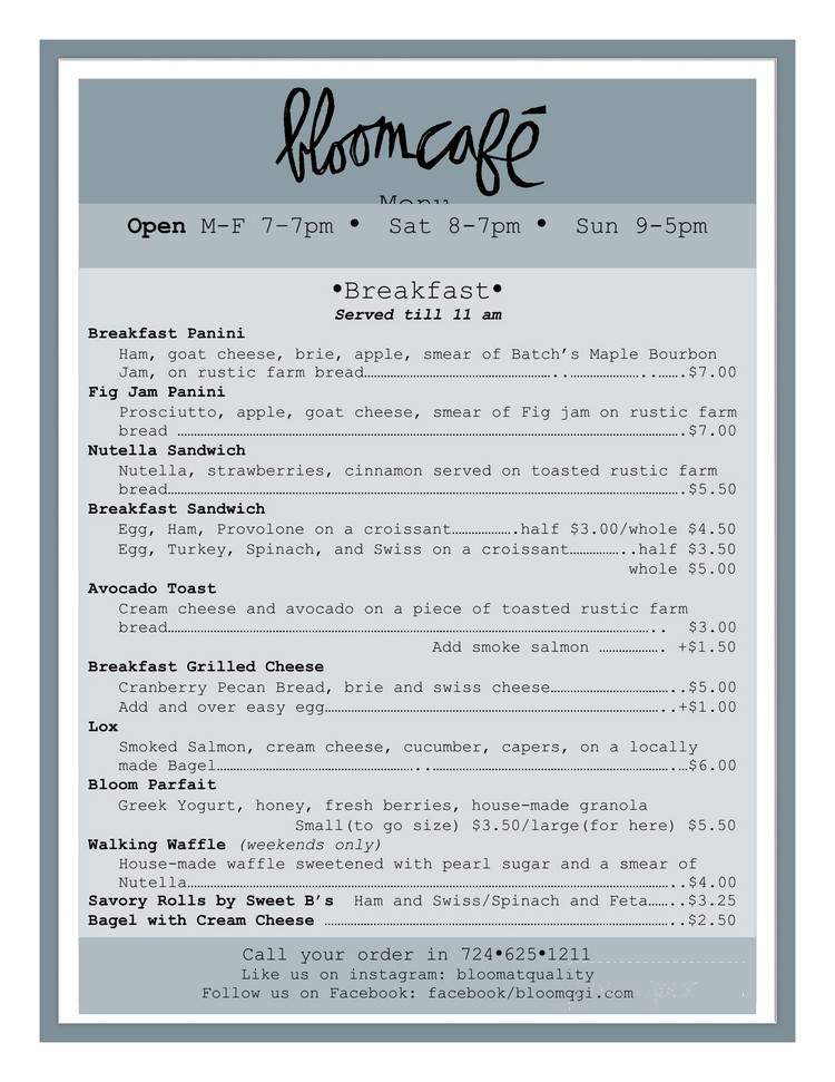 The Bloom Cafe - Valencia, PA menu_pic