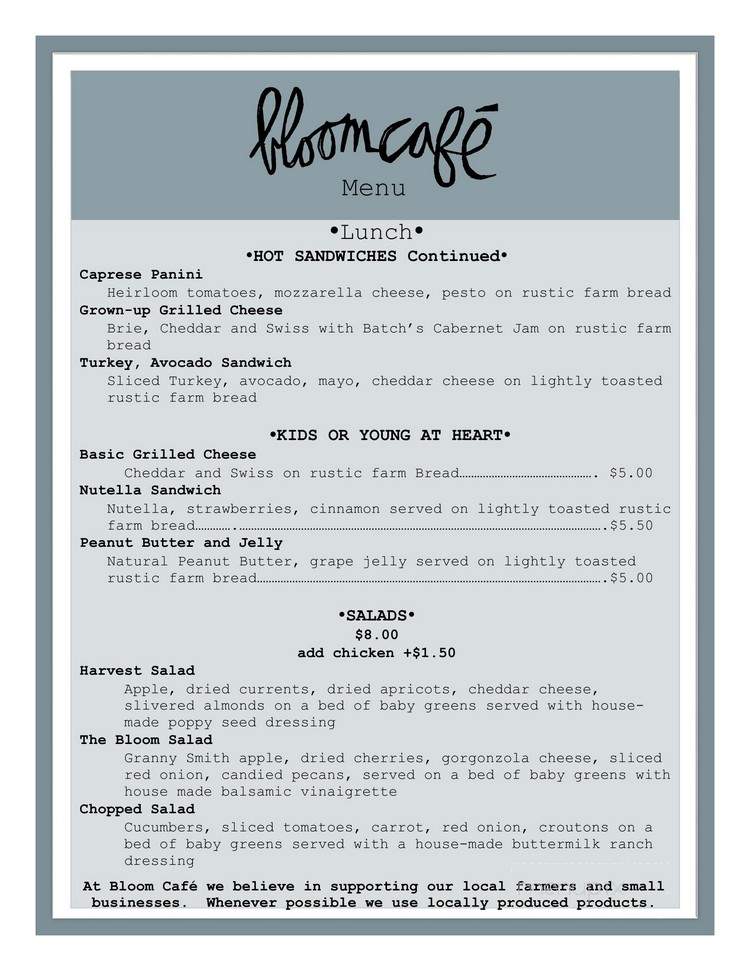 The Bloom Cafe - Valencia, PA menu_pic