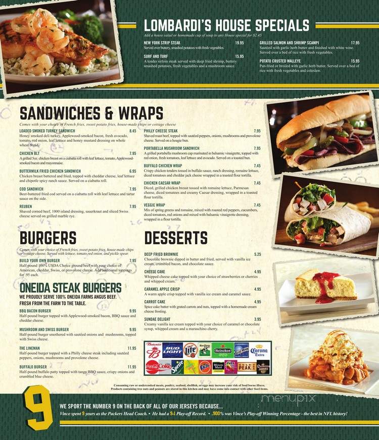 Vince Lombardi Legendary Sports Bar and Grill - Green Bay, WI menu_pic