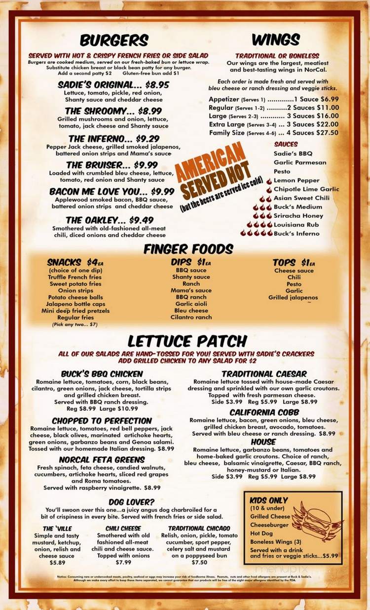 Buck & Sadie's - Roseville, CA menu_pic