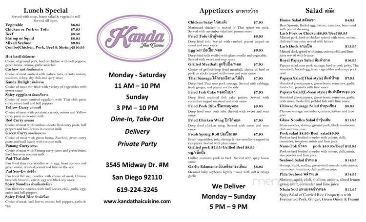 Kanda Thai Cuisine - San Diego, CA menu_pic