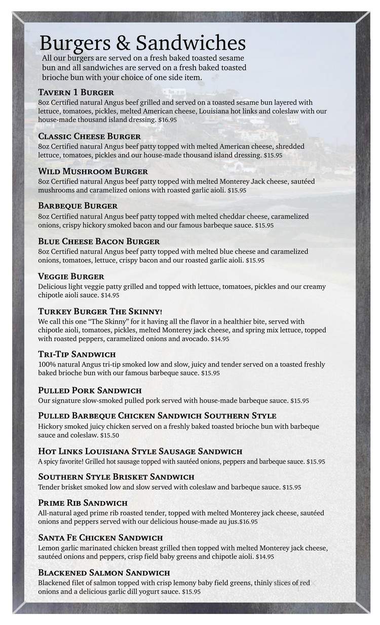 Tavern 1 Grill & Tap House PCH Malibu - Malibu, CA menu_pic