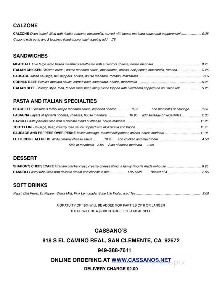 Cassano's - San Clemente, CA menu_pic