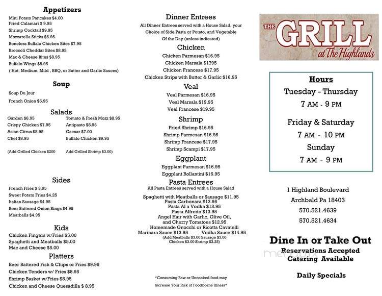 The Grill At The Highlands - Archbald, PA menu_pic