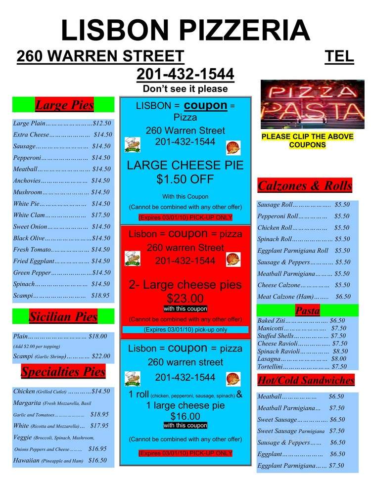 Lisbon Pizzeria - Jersey City, NJ menu_pic
