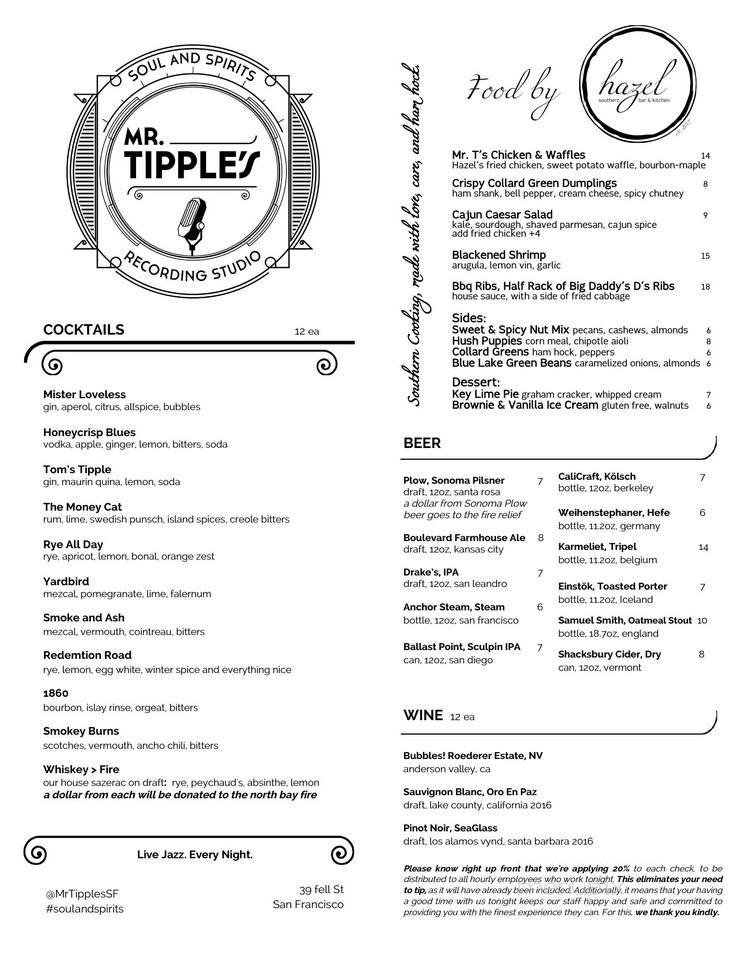 Mr Tipple's Recording Studio - San Francisco, CA menu_pic