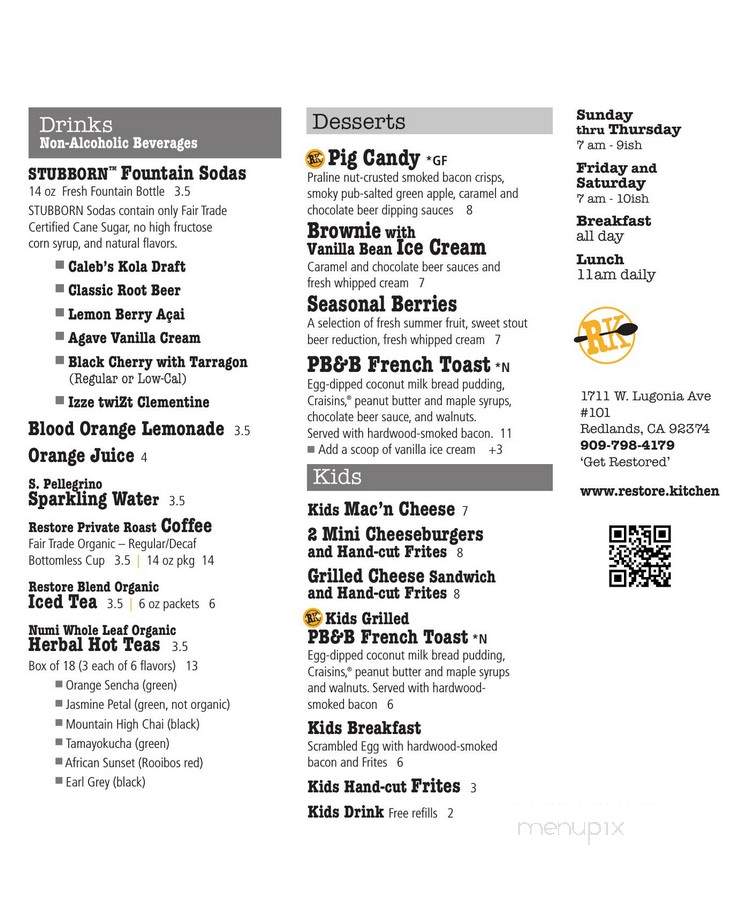 Restore Kitchen - Redlands, CA menu_pic