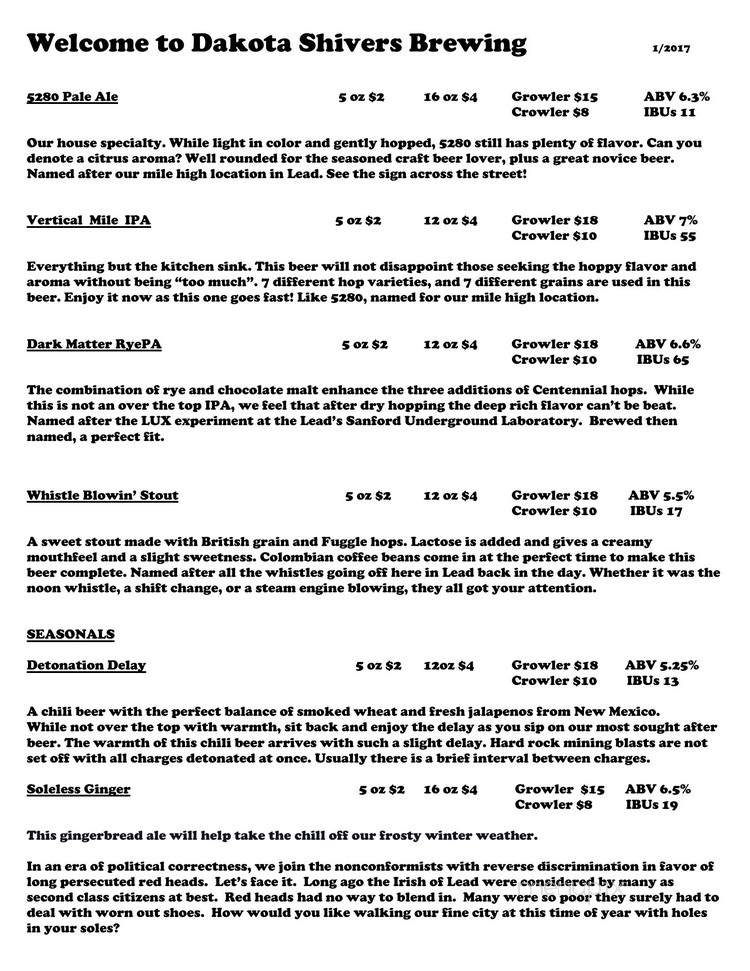 Dakota Shivers Brewing - Lead, SD menu_pic
