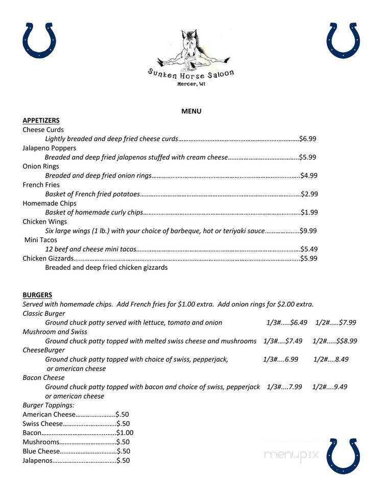 Sunken Horse Saloon - Mercer, WI menu_pic
