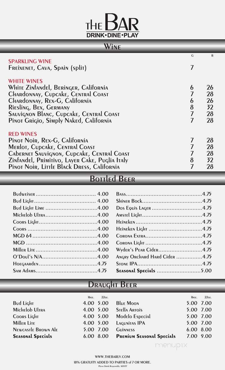 The Bar @Trails Village - Las Vegas, NV menu_pic