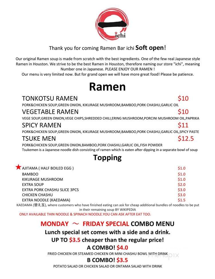 Ramen Bar Ichi - Houston, TX menu_pic