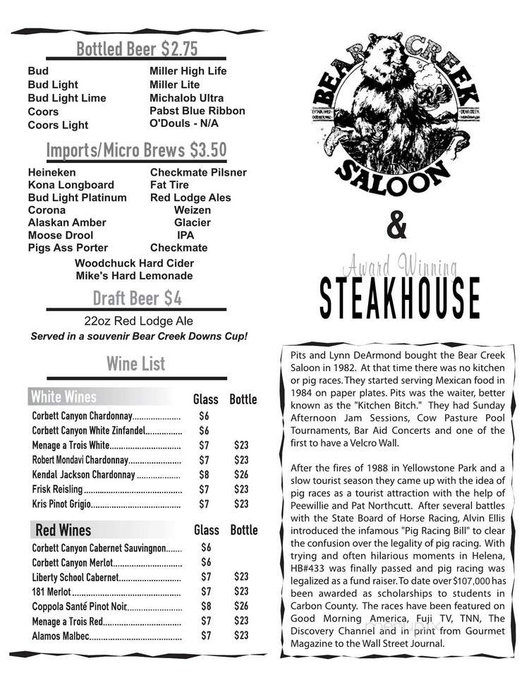 Menu of Bear Creek Saloon in Bearcreek, MT 59007