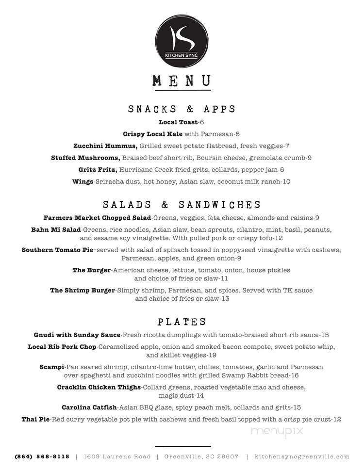 Kitchen Sync - Greenville, SC menu_pic
