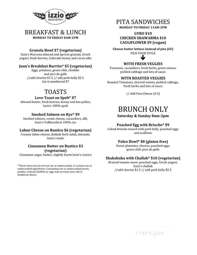 Izzio Bakery - Denver, CO menu_pic