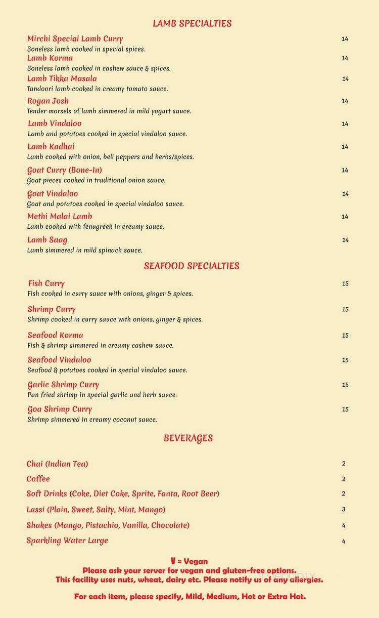 Mirchi Indian Grill - Benicia, CA menu_pic