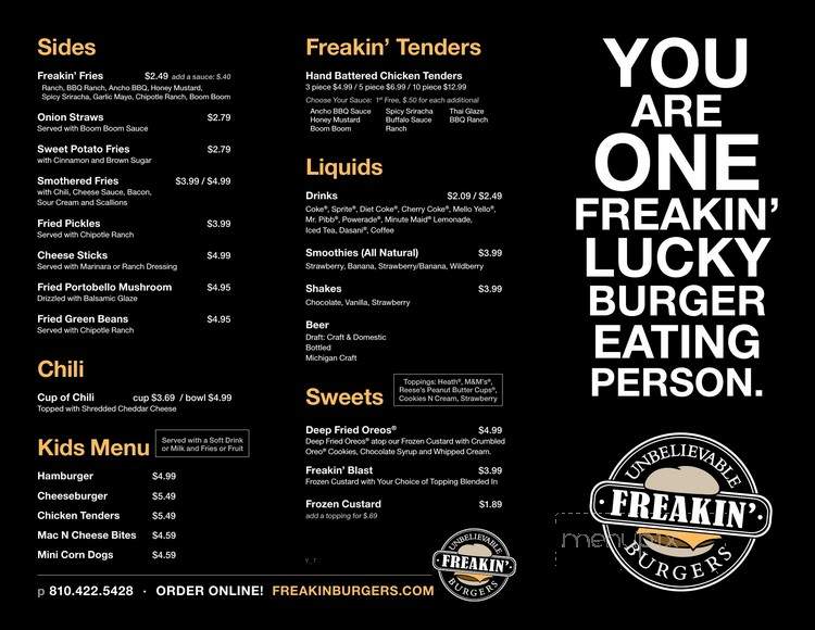 Freakin' Unbelievable Burgers - Louisville, KY menu_pic