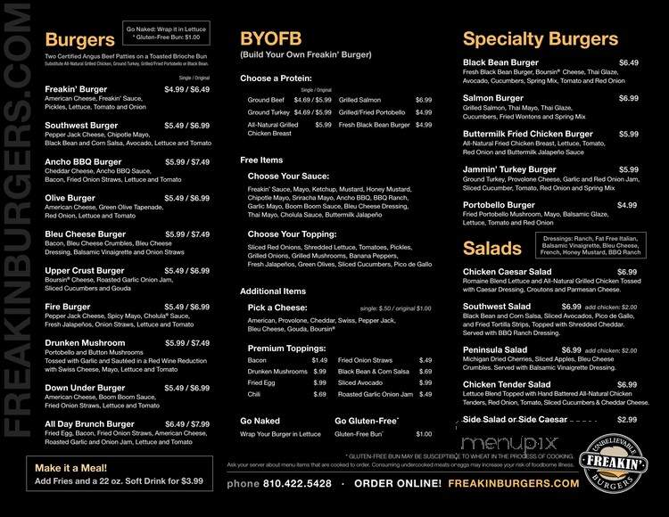 Freakin' Unbelievable Burgers - Louisville, KY menu_pic