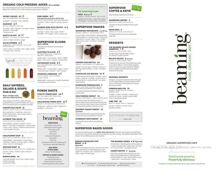 Beaming Organic Superfood Cafe - Los Angeles, CA menu_pic