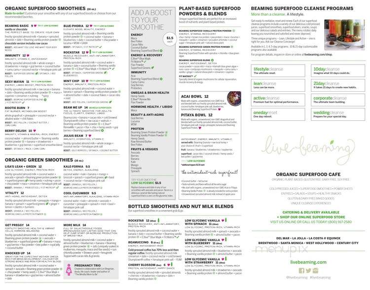 Beaming Organic Superfood Cafe - Los Angeles, CA menu_pic