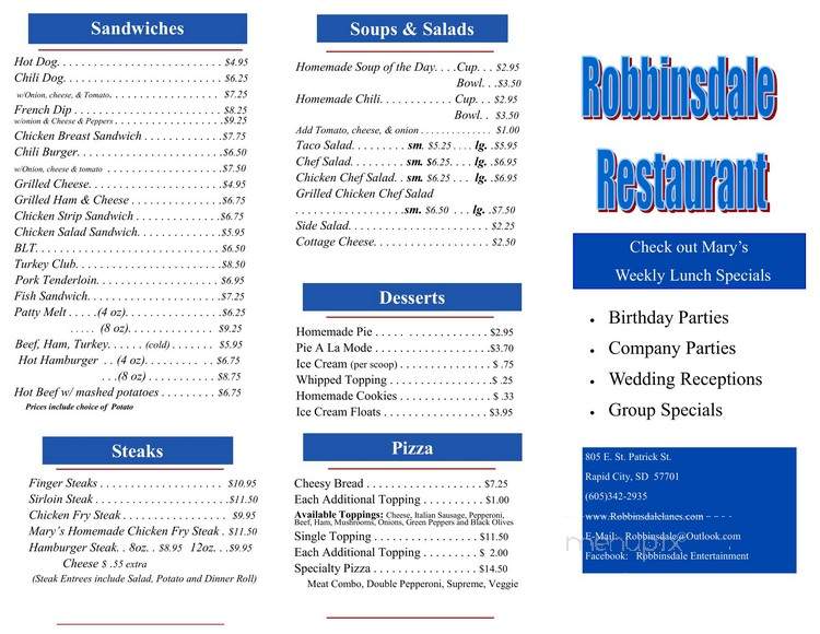 Robbinsdale Lounge - Rapid City, SD menu_pic