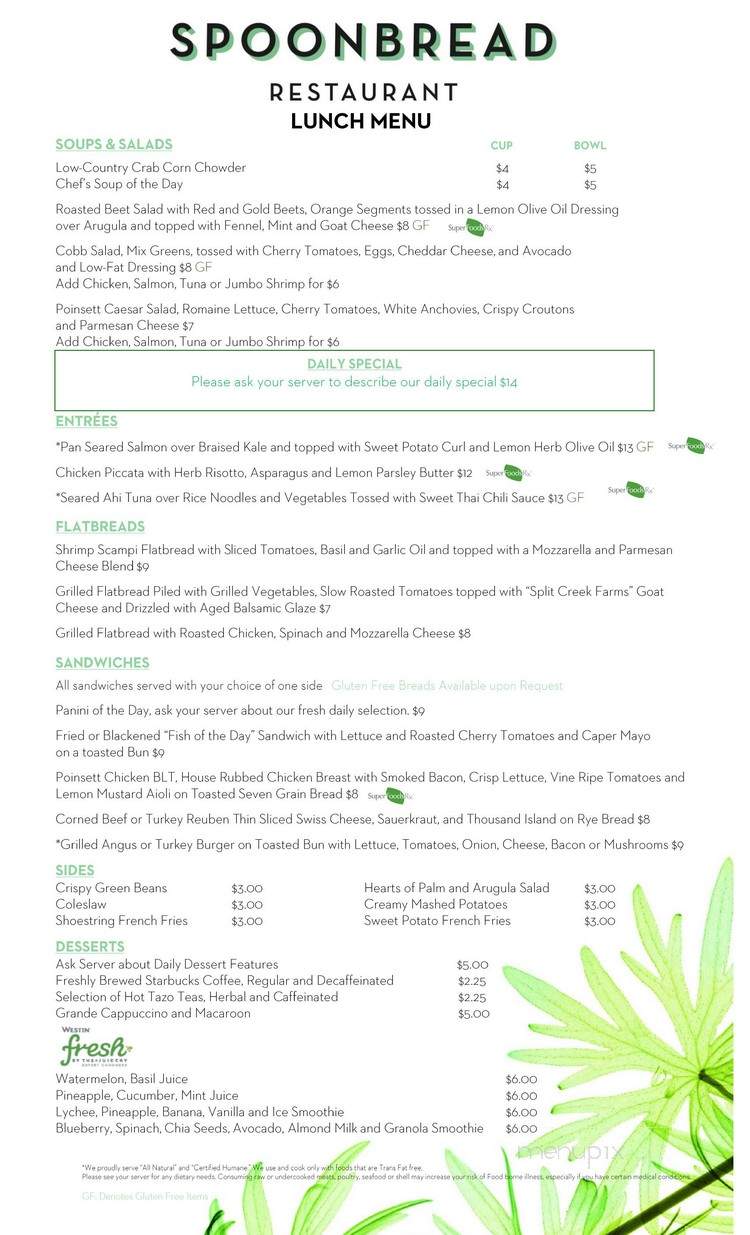 Menu of Spoonbread Restaurant in Greenville, SC 29601