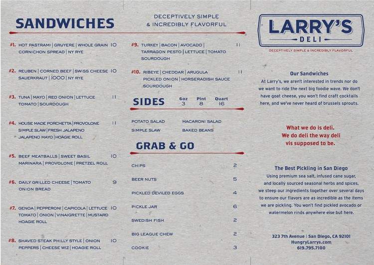 Larry's Deli - San Diego, CA menu_pic