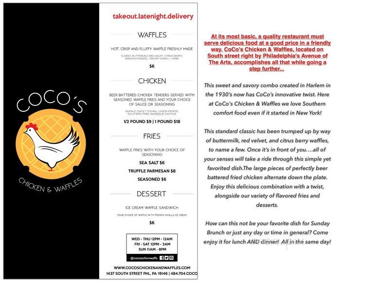 Coco's Chicken and waffles - Philadelphia, PA menu_pic