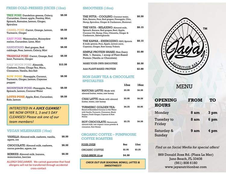 Jaya Nutrition Bar - Juno Beach, FL menu_pic