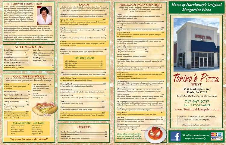 Tonino's Pizza West - Enola, PA menu_pic