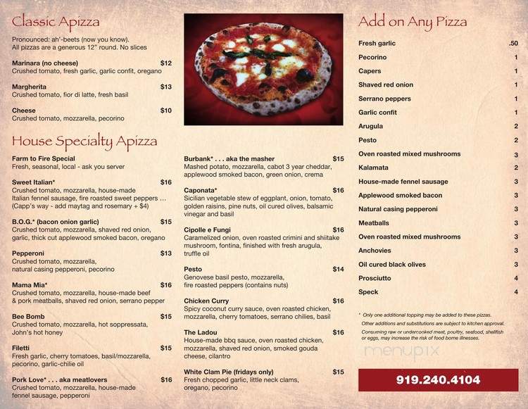 Capp's Pizzeria - Chapel Hill, NC menu_pic