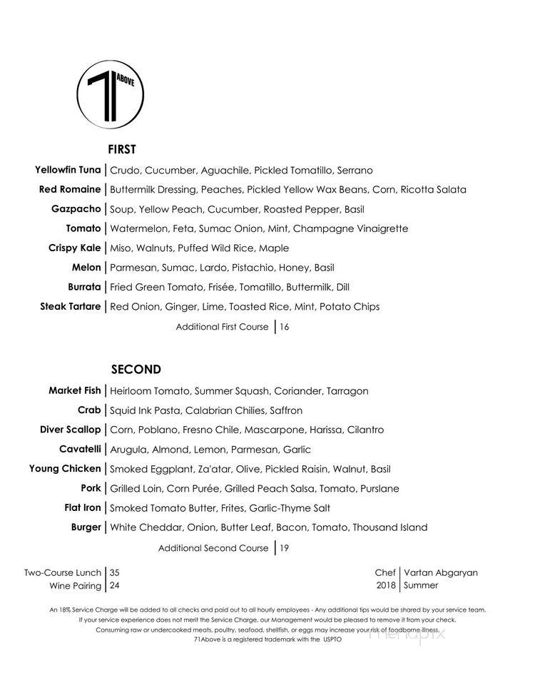 Menu of 71 Above in Los Angeles, CA 90071