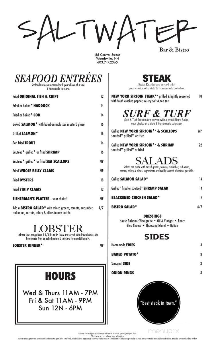Saltwater Bar and Bistro - Woodsville, NH menu_pic