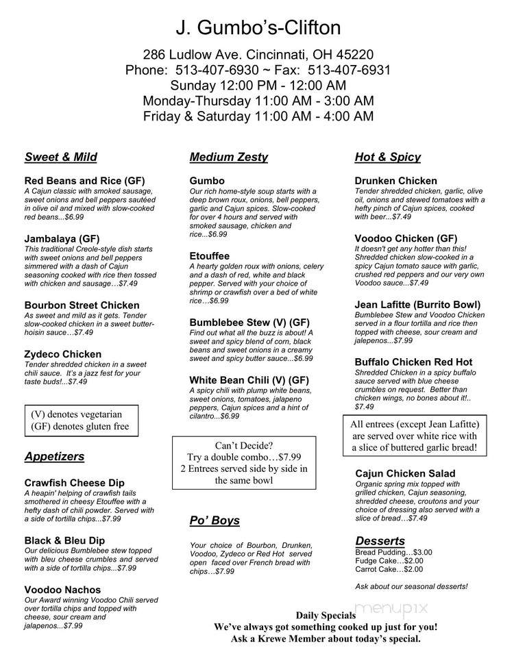 J Gumbo's - Nashville, TN menu_pic