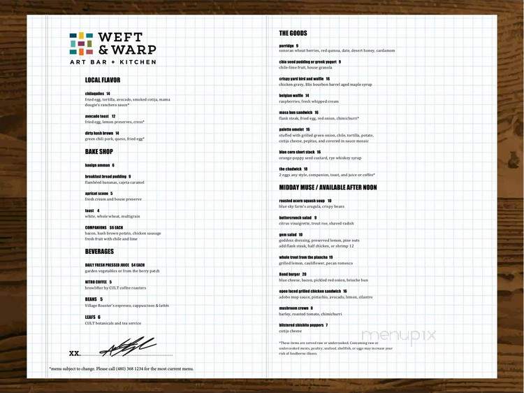 Weft and Warp Art Bar + Kitchen - Scottsdale, AZ menu_pic