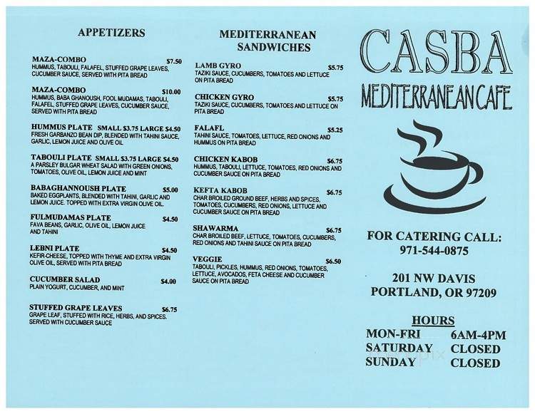 Casba Mediterranean Cafe - Portland, OR menu_pic