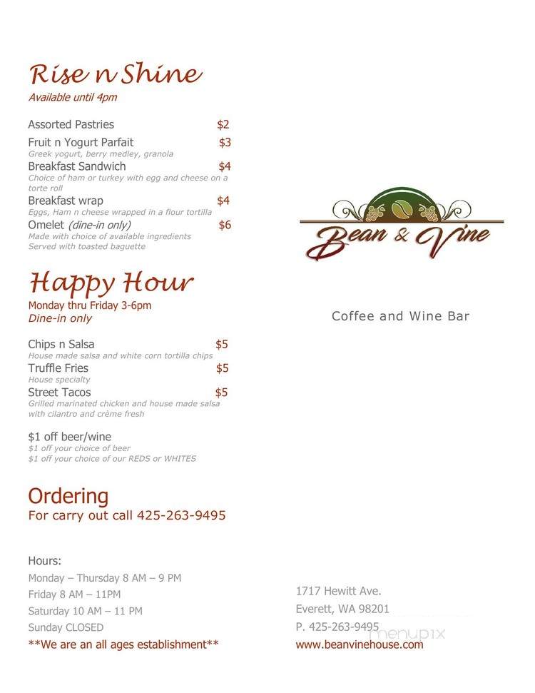 Bean & Vine - Everett, WA menu_pic