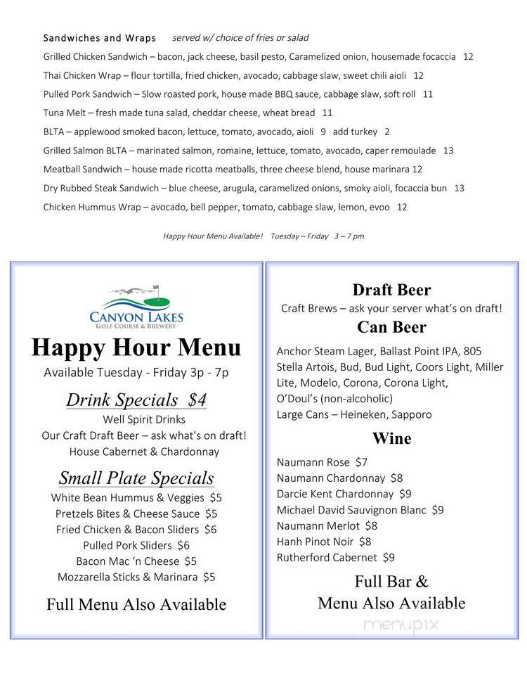 Canyon Lakes Brewery and Restaurant - San Ramon, CA menu_pic