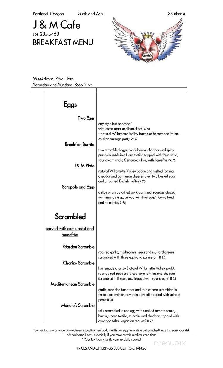J & M's Cafe - Portland, OR menu_pic