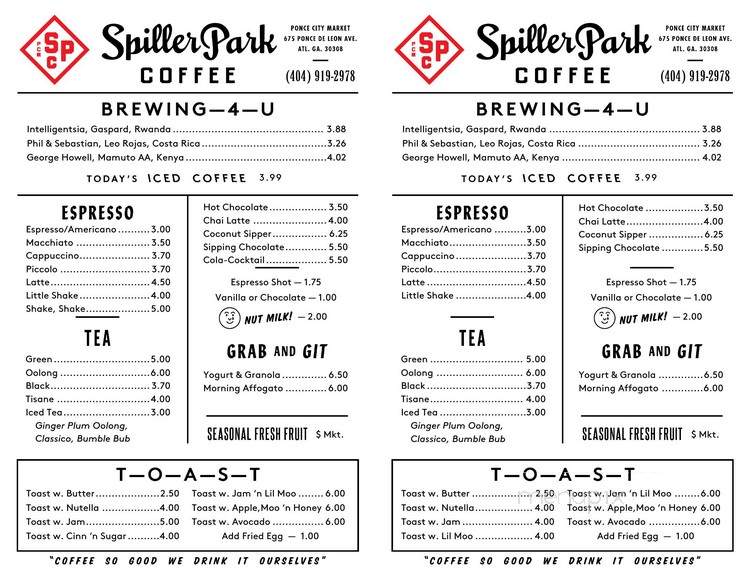 Spiller Park Coffee - Atlanta, GA menu_pic