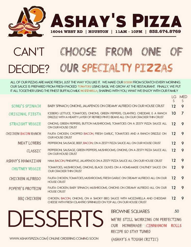 Ashay's Pizza - Houston, TX menu_pic