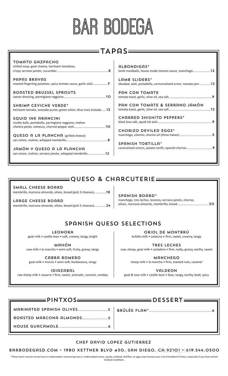 Bar Bodega - San Diego, CA menu_pic