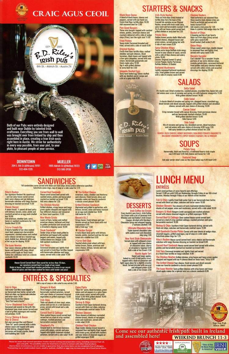 BD Riley's Irish Pub at Mueller - Austin, TX menu_pic
