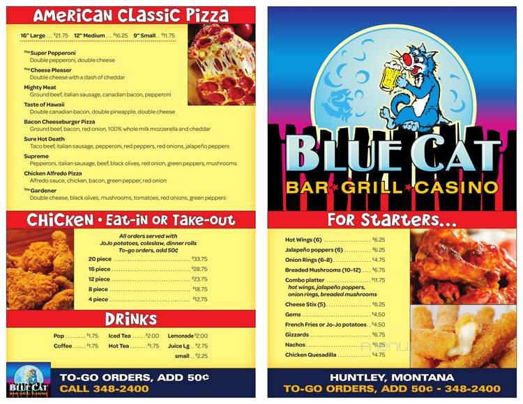 Menu of Blue Cat Bar & Grill in Huntley, MT 59037