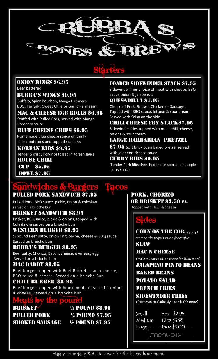 Menu Of Bubba S Bones Brews In Cathedral City Ca 92234